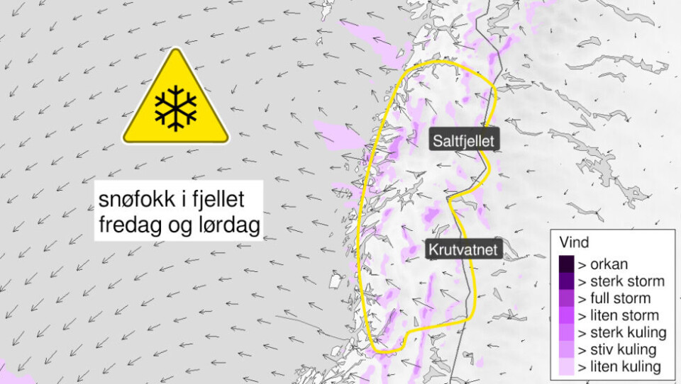 Det er sendt ut gult farevarsel for snøfokk fra fredag kveld. Det er sendt ut gult farevarsel for snøfokk fra fredag kveld. Foto: Skjermdump fra varsom.no