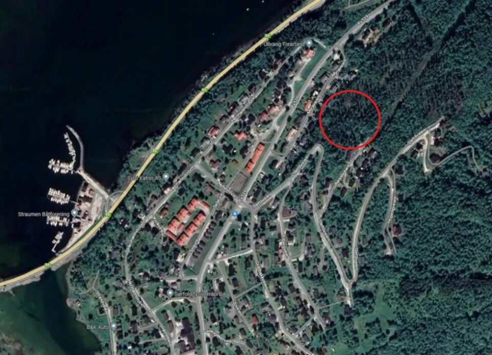 Den røde ringen markerer området mellom Myraveien og Slettliveien på Straumen der det er satt av plass til boligtomter. Den røde ringen markerer området mellom Myraveien og Slettliveien på Straumen der det er satt av plass til boligtomter. Foto: Skjermdump fra Google maps.