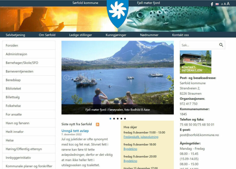 Skjermdump av hjemmesiden til Sørfold kommune. Skjermdump av hjemmesiden til Sørfold kommune.