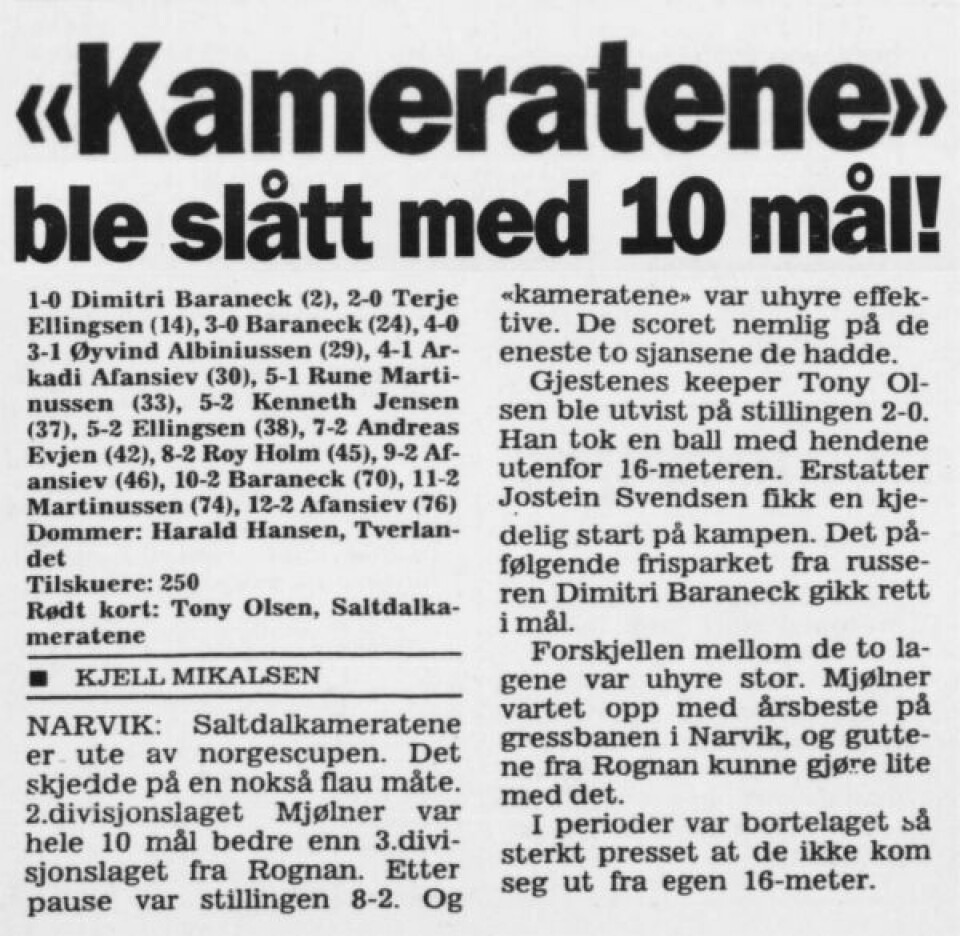 Et annet avisutklipp fra kampen kaller det årsbeste av Mjølner da de feide FKSK ut av cupen. Et annet avisutklipp fra kampen kaller det årsbeste av Mjølner da de feide FKSK ut av cupen. Foto: Utlånt av Bengt Arne Sundsfjord