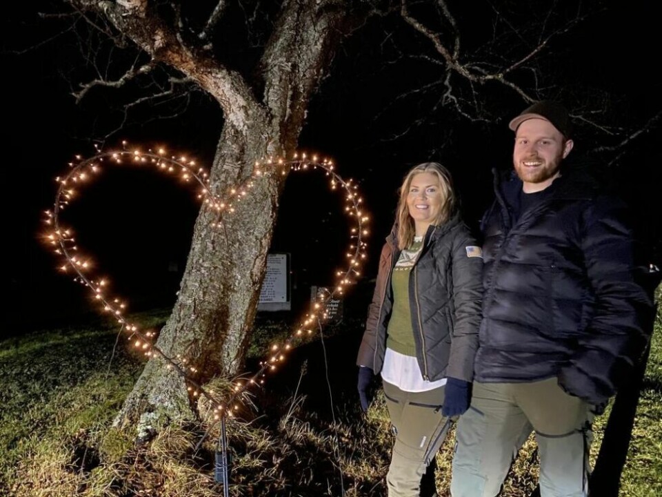HJERTELIG. Hege Didriksen og kjæresten Lars Thomas Larsen har laget dette lyshjertet som nå står på kirkegården på Helland. HJERTELIG. Hege Didriksen og kjæresten Lars Thomas Larsen har laget dette lyshjertet som nå står på kirkegården på Helland. Foto: Foto: Eva S. Winther