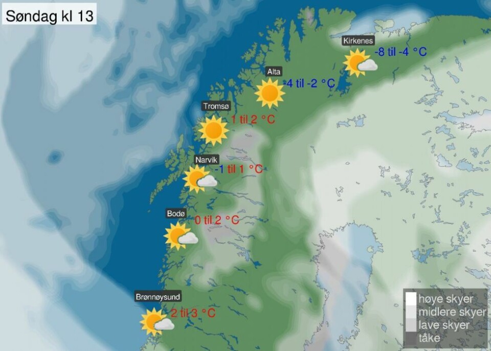 Søndag melder Meteorlogisk institutt sol og dermed en fin avslutning på vinterferien. Søndag melder Meteorlogisk institutt sol og dermed en fin avslutning på vinterferien. Foto: Meteorologisk institutt