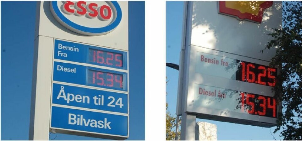 HELT LIKT. Bildene fra de tre stasjonene på Fauske er tatt med bare noen få minutters mellomrom torsdag ettermiddag. Her Esso og Shell. HELT LIKT. Bildene fra de tre stasjonene på Fauske er tatt med bare noen få minutters mellomrom torsdag ettermiddag. Her Esso og Shell. Foto: Stig Bjørnar Karlsen