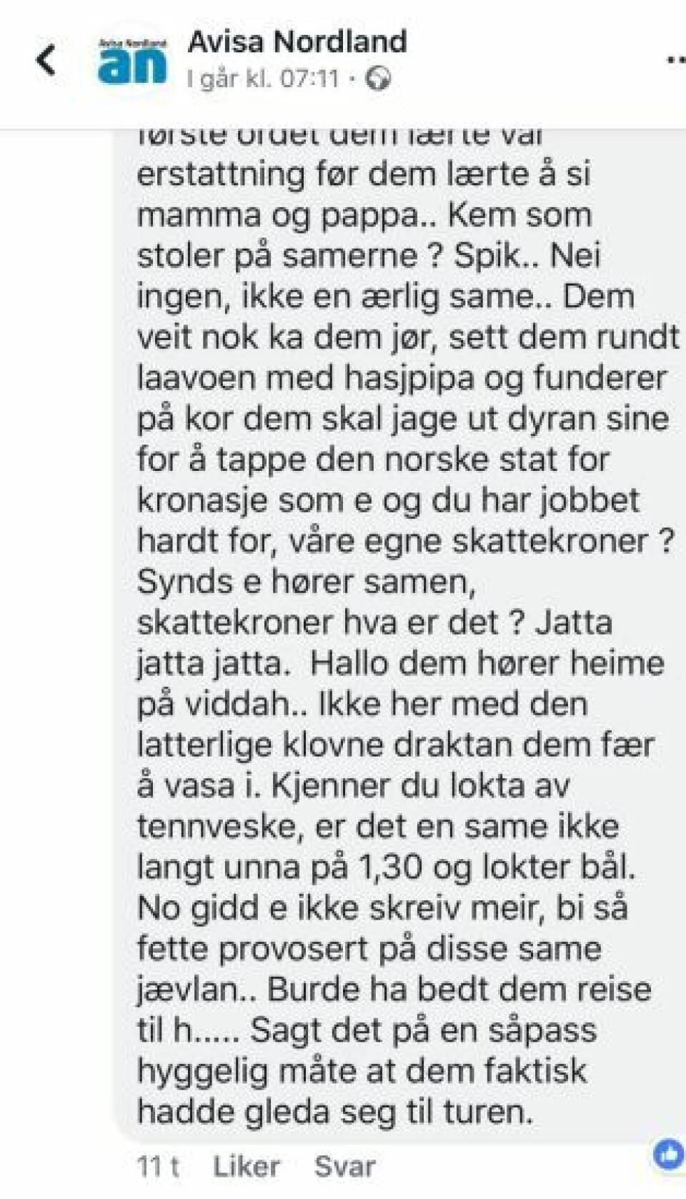 KOMMENTAR. Dette er deler av innlegget som mannen la ut på Facebook, og som han hevder er inspirert av Atle Antonsen kjente sketsj. KOMMENTAR. Dette er deler av innlegget som mannen la ut på Facebook, og som han hevder er inspirert av Atle Antonsen kjente sketsj. Foto: Skjermdump