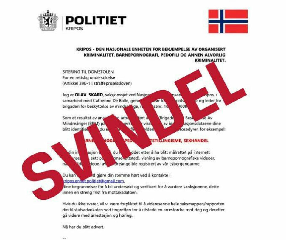 Den siste tiden er det mange som har rapportert at de har fått epost fra Nasjonalt cyberkrimsenter (NC3) på Kripos. Dette er forsøk på svindel. Epostene er ikke sendt fra Kripos. Hvis du mottar en slik epost, så kan du bare slette den. Den siste tiden er det mange som har rapportert at de har fått epost fra Nasjonalt cyberkrimsenter (NC3) på Kripos. Dette er forsøk på svindel. Epostene er ikke sendt fra Kripos. Hvis du mottar en slik epost, så kan du bare slette den. Foto: Ørn E. Borgen / NTB