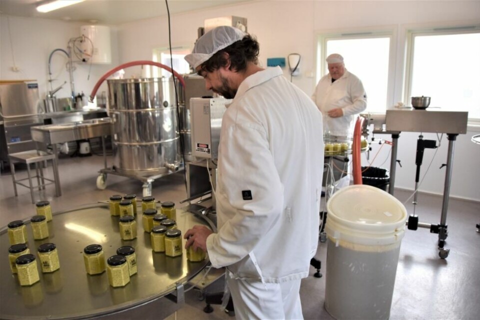 NYTT UTSTYR. Trond Trones, ansatt hos BeiarVekst, sørger for å forsegle sennepsglassene fylt med havsennep. Etter frokosten fikk politikerne omvisning i produksjonen. NYTT UTSTYR. Trond Trones, ansatt hos BeiarVekst, sørger for å forsegle sennepsglassene fylt med havsennep. Etter frokosten fikk politikerne omvisning i produksjonen.