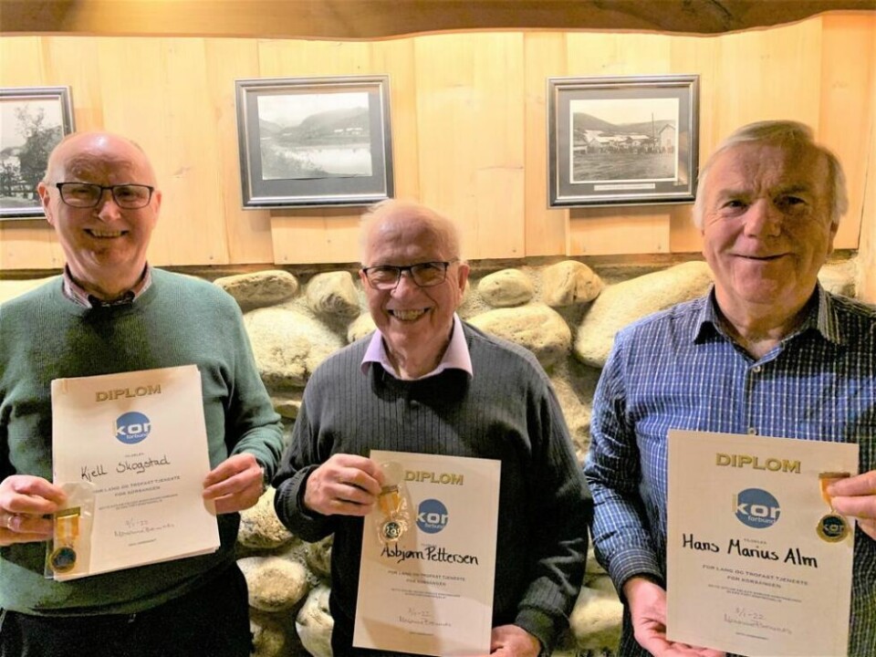 171 ÅR MED KOR. Kjell Skogstad, Asbjørn Pettersen og Hans Marius Alm har alle mer enn 50 års fartstid som korsangere. Slikt blir det et brillefint diplom av. Disse ble utdelt tirsdag. 171 ÅR MED KOR. Kjell Skogstad, Asbjørn Pettersen og Hans Marius Alm har alle mer enn 50 års fartstid som korsangere. Slikt blir det et brillefint diplom av. Disse ble utdelt tirsdag. Foto: Saltdal mannskor