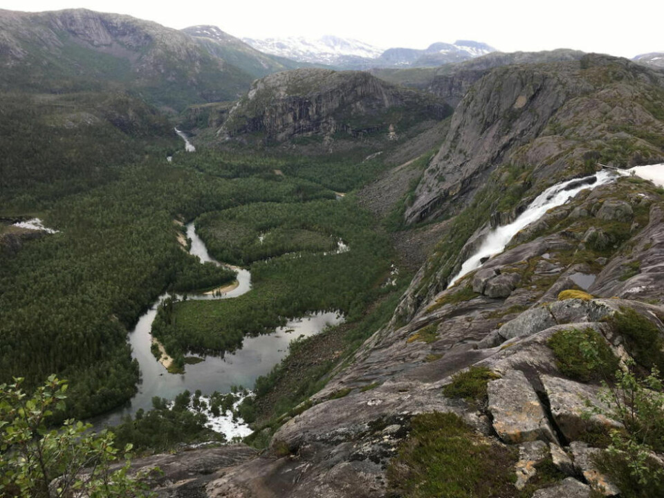 FOSSEFALL. Her stuper Litlverivassfossen over 200 meter ned mot elva som kommer fra Storskogvatn i Rago nasjonalpark. FOSSEFALL. Her stuper Litlverivassfossen over 200 meter ned mot elva som kommer fra Storskogvatn i Rago nasjonalpark. Foto: Eva S. Winther Foto: Eva S. Winther