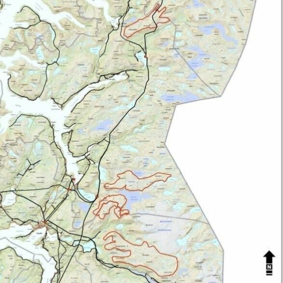 AKTUELLE OMRÅDER. Det er innenfor de røde feltene av det ønskes å utrede vindkraftutbygging. AKTUELLE OMRÅDER. Det er innenfor de røde feltene av det ønskes å utrede vindkraftutbygging. Foto: Njordr