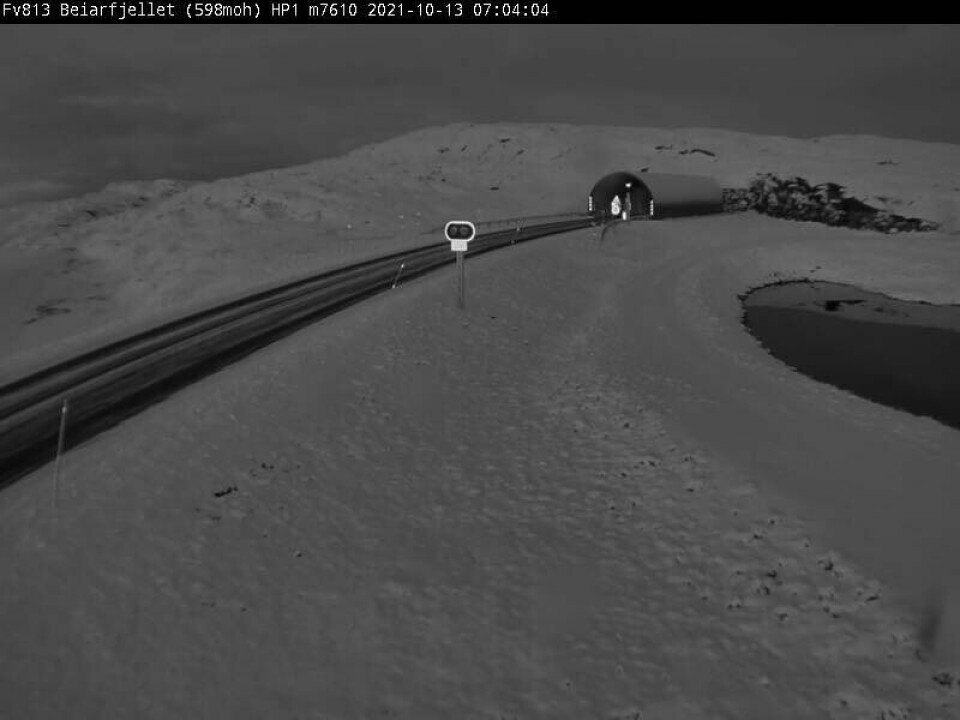 Slik så det ut på Beiarfjellet rundt klokken 7 onsdag morgen. Slik så det ut på Beiarfjellet rundt klokken 7 onsdag morgen. Foto: Webkamera, Statens vegvesen