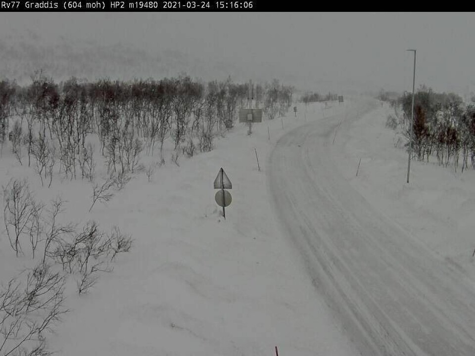 ÅPENT. På Riksvei 77 over til Sverige blåste det også godt onsdag ettermiddag, men veien var åpen for fri ferdsel. ÅPENT. På Riksvei 77 over til Sverige blåste det også godt onsdag ettermiddag, men veien var åpen for fri ferdsel. Foto: Webkamera, Statens vegvesen