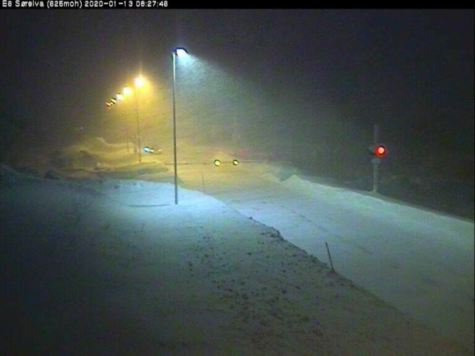 Ved Sørelva på nordsiden av Saltfjellet mandag morgen. Ved Sørelva på nordsiden av Saltfjellet mandag morgen. Foto: Webkamera, Statens vegvesen