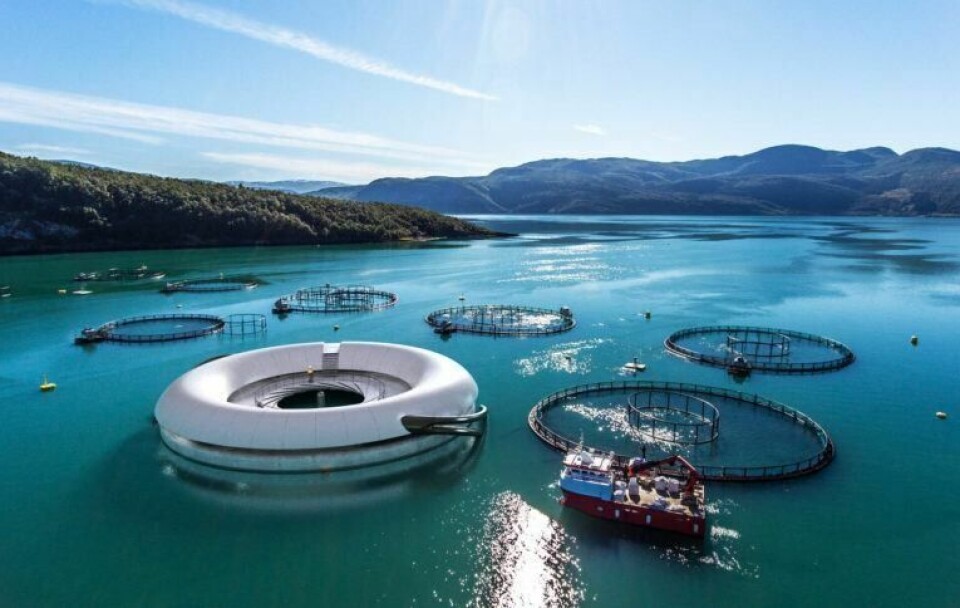 SEMILUKKET. Slik kan de nye merdene med lukket design bli seende ut i fjorden, om anken går i gjennom. SEMILUKKET. Slik kan de nye merdene med lukket design bli seende ut i fjorden, om anken går i gjennom. Foto: Foto: Baard Selfors/Salten Aqua