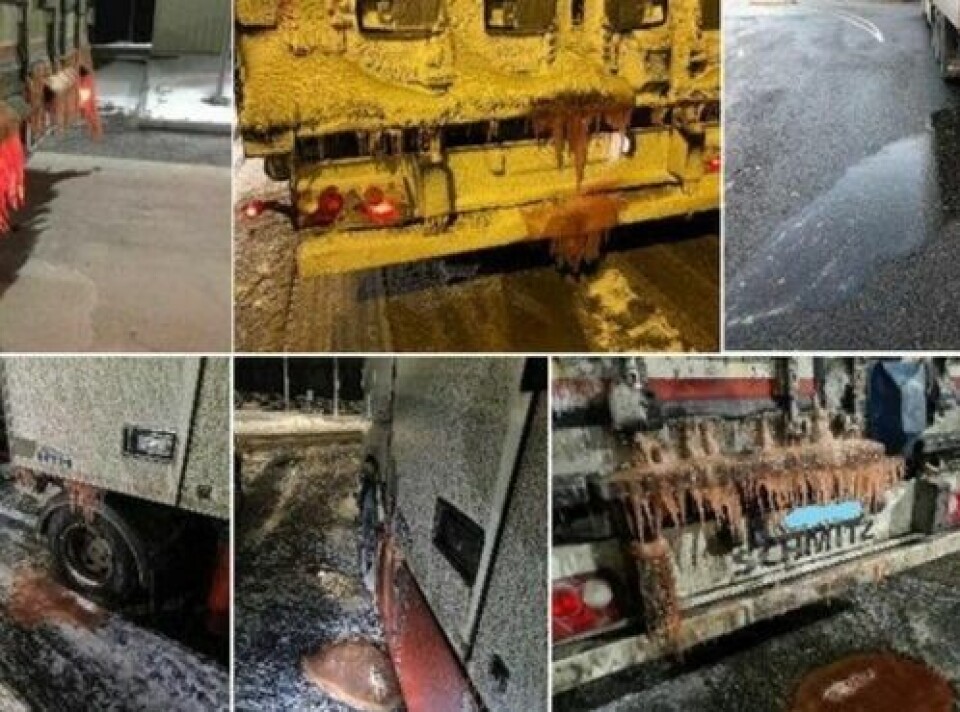 RENNENDE LAST. Noen eksempler på fisketransporter med rennende last. Bildene er tatt av Statens vegvesens kontrollører. RENNENDE LAST. Noen eksempler på fisketransporter med rennende last. Bildene er tatt av Statens vegvesens kontrollører.
