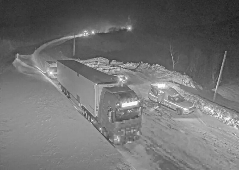 Det ble kaotiske tilstander etter at et vogntog skled over i motsatt kjørefelt. Det ble kaotiske tilstander etter at et vogntog skled over i motsatt kjørefelt. Foto: Webkamera Statens vegvesen