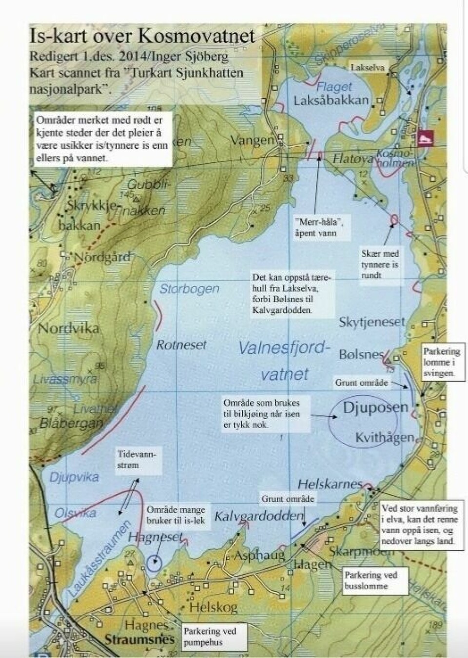 ISKART. Kartet viser sikre og utrygge områder på Kosmovannet. Illustrasjon: Inger Sjöberg ISKART. Kartet viser sikre og utrygge områder på Kosmovannet. Illustrasjon: Inger Sjöberg