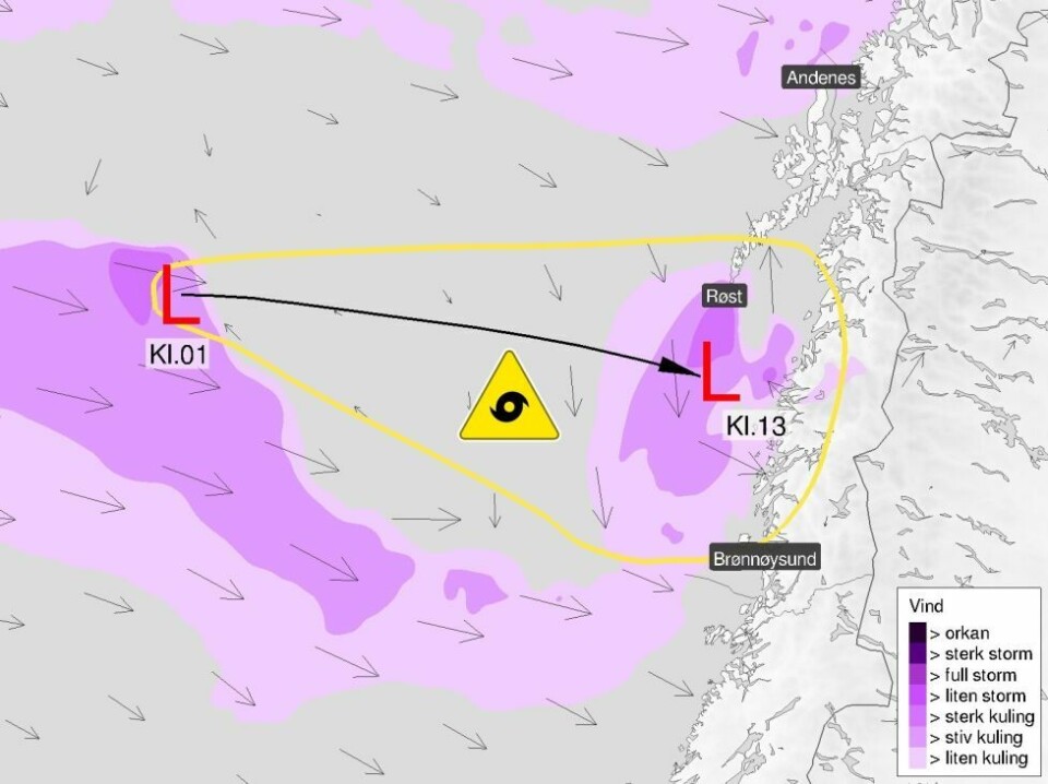 Et polart lavtrykk ventes å treffe kysten av Nordland tirsdag formiddag. Det blir tette snøbyger og vind opp i liten storm enkelte steder. Et polart lavtrykk ventes å treffe kysten av Nordland tirsdag formiddag. Det blir tette snøbyger og vind opp i liten storm enkelte steder. Foto: Meteorlogisk institutt.