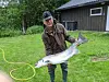 STORLAKS. Tirsdag fikk Jan Otto Stokland fra Valnesfjord denne laksen på 19 kilo på sluk i valdet Haugmo/Israelsbakk. Det er den nest største laksen som er tatt i Beiarelva hittil i år. Foto: Fra Scanatura