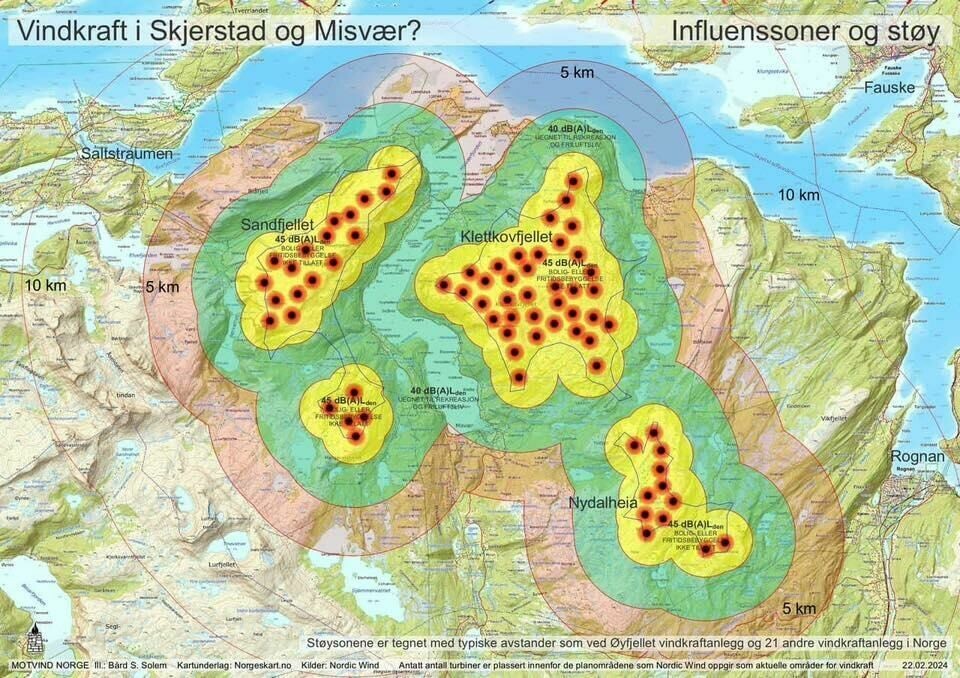 INFLUENS. - Bildet viser områdene som er foreslått. Motvind Norge har visualisert antall turbiner og støysoner, forteller Hanne Hansgård. INFLUENS. - Bildet viser områdene som er foreslått. Motvind Norge har visualisert antall turbiner og støysoner, forteller Hanne Hansgård. Foto: Bård S. Solem, Motvind Norge