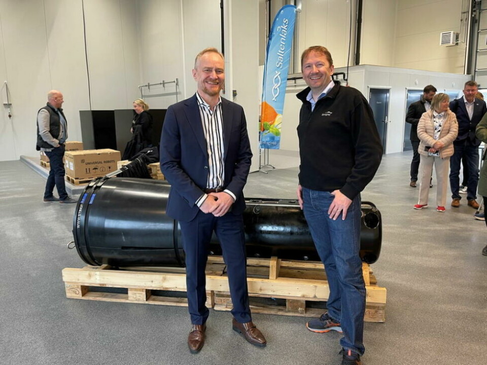 ENDELIG I GANG. Geir Wenberg i Wenberg fiskeoppdrett og John Arne Breivik i Stingray Marine Solutions var begge enige om at den 24. mai kommer til å bli en flaggdag i Wenberg Innovation Park i lang tid framover. ENDELIG I GANG. Geir Wenberg i Wenberg fiskeoppdrett og John Arne Breivik i Stingray Marine Solutions var begge enige om at den 24. mai kommer til å bli en flaggdag i Wenberg Innovation Park i lang tid framover. Foto: Helge Simonsen