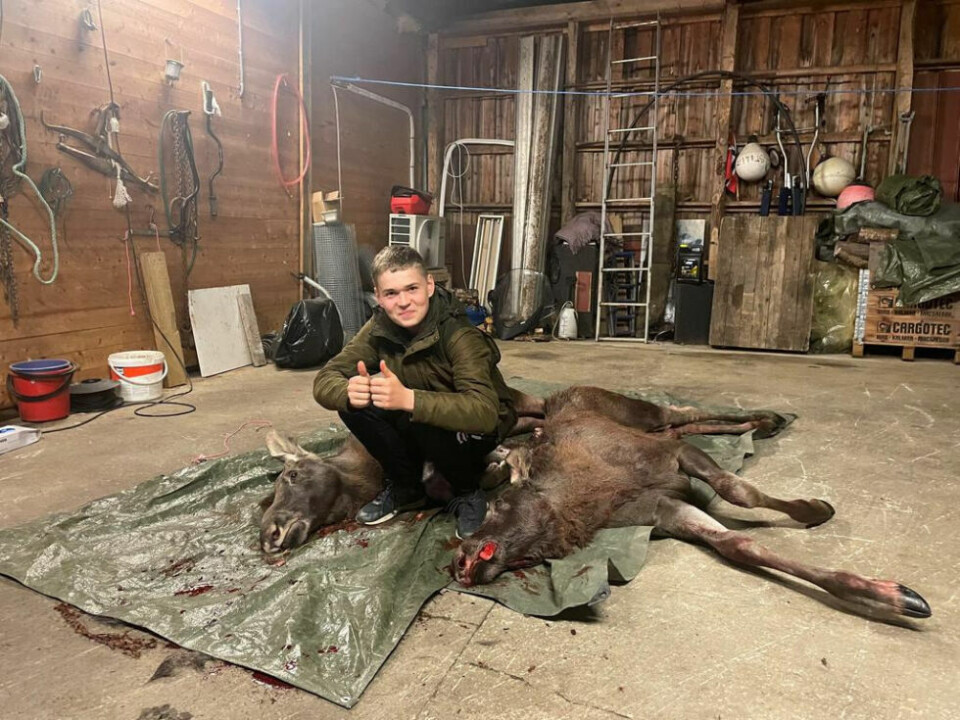 DOUBLE. Aslak imponerte både pappa Asløv og jaktlaget da han skjøt double på første jaktdag som førstegangsjeger på opplæringsjakt. DOUBLE. Aslak imponerte både pappa Asløv og jaktlaget da han skjøt double på første jaktdag som førstegangsjeger på opplæringsjakt. Foto: Privat