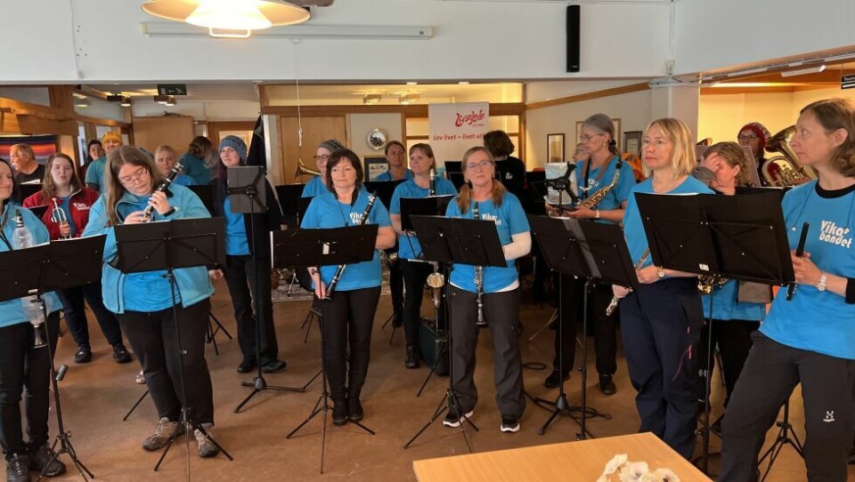 Vikabandet trakk vinnerloddet på punktkonsertene. Her forbereder de seg til spilling inn på helsetunet. Vikabandet trakk vinnerloddet på punktkonsertene. Her forbereder de seg til spilling inn på helsetunet. Foto: Espen Johansen