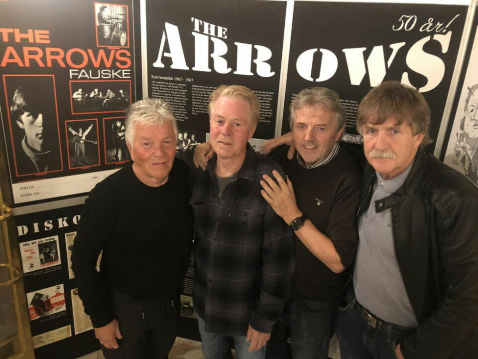 GJENFORENT. I 2018 var det 50-årskalas. Året etter spilte The Arrows på Gatafestivalen, Her ser du Torstein Leirvik, Erik Sundby, Nils-Ole Steinbakk og Geir Mortensen. GJENFORENT. I 2018 var det 50-årskalas. Året etter spilte The Arrows på Gatafestivalen, Her ser du Torstein Leirvik, Erik Sundby, Nils-Ole Steinbakk og Geir Mortensen. Foto: Helge Simonsen