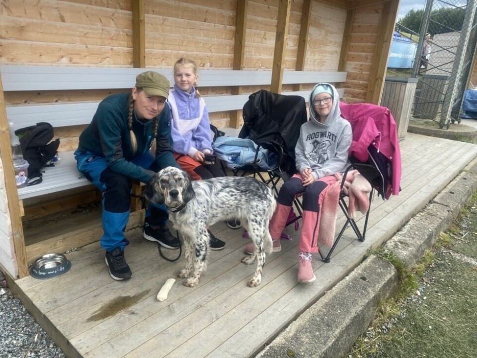 HundeutstillingEngelsksetteren Rago (7 mnd) var på sin første utstilling, sammen med matmor Lisbet Olsen. Hun hadde også med seg døtrene Rikke og Ida.