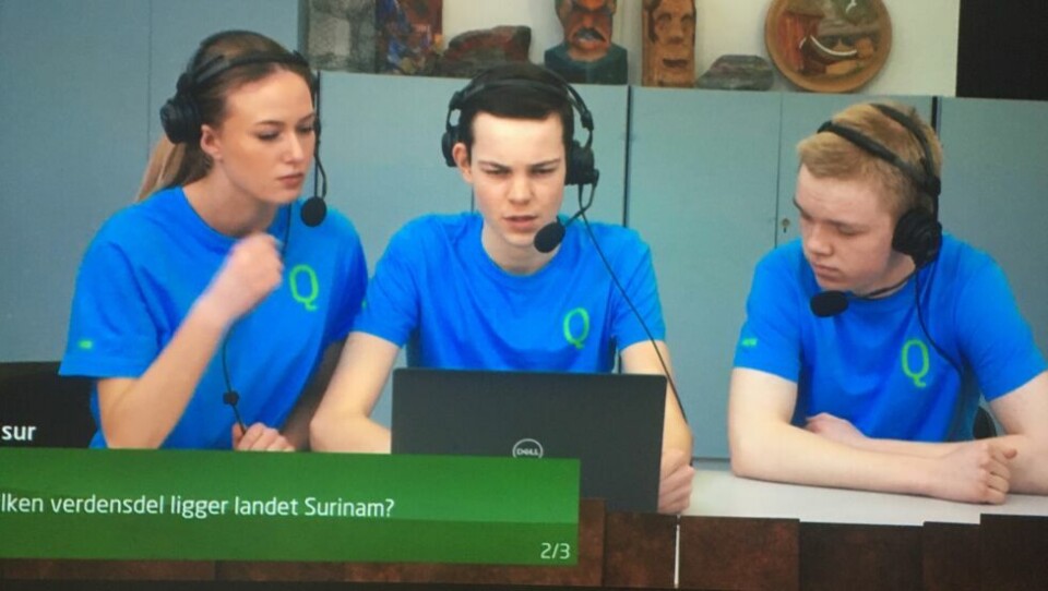 Laget fra Rognan underveis. Fra venstre Linnea Olsen, Petter Bangfil og Victor Gjersvik Johansen Laget fra Rognan underveis. Fra venstre Linnea Olsen, Petter Bangfil og Victor Gjersvik Johansen Foto: Skjermdump NRK