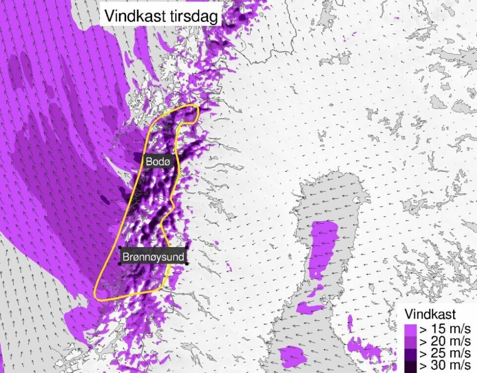SALTEN. Det skal blåse opp igjen, og på det verste vil vi få opp til 32m/s i kastene i Salten. SALTEN. Det skal blåse opp igjen, og på det verste vil vi få opp til 32m/s i kastene i Salten. Foto: Meteorologisk institutt