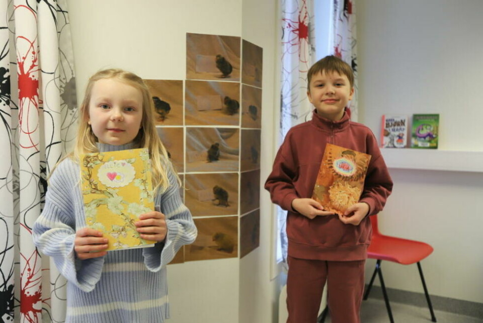 STOLTE. Ellie Pettersen Haugberg (8) og Lukas Skoglund Brekke (8) viser stolt fram sine flotte kylling-bøker som de har laget i timene. STOLTE. Ellie Pettersen Haugberg (8) og Lukas Skoglund Brekke (8) viser stolt fram sine flotte kylling-bøker som de har laget i timene. Foto: Lise Berntzen