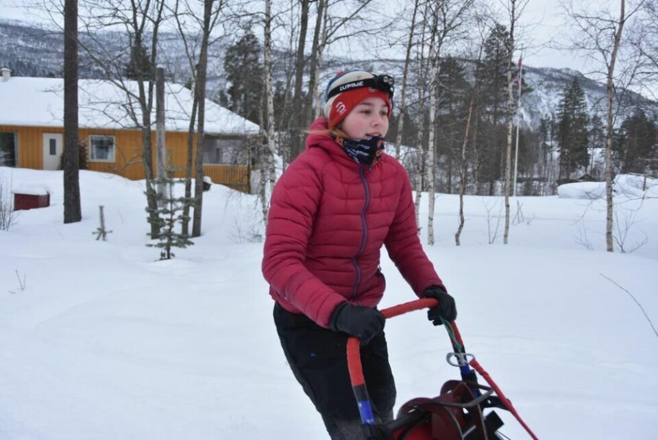 UNG OG IVRIG. Mia Alm er bare 14 år og deltar i Finnmarksløpet neste helg. Her legger hun ut på nok en treningstur - noe det er blitt mange av. UNG OG IVRIG. Mia Alm er bare 14 år og deltar i Finnmarksløpet neste helg. Her legger hun ut på nok en treningstur - noe det er blitt mange av. Foto: Sylvia Bredal