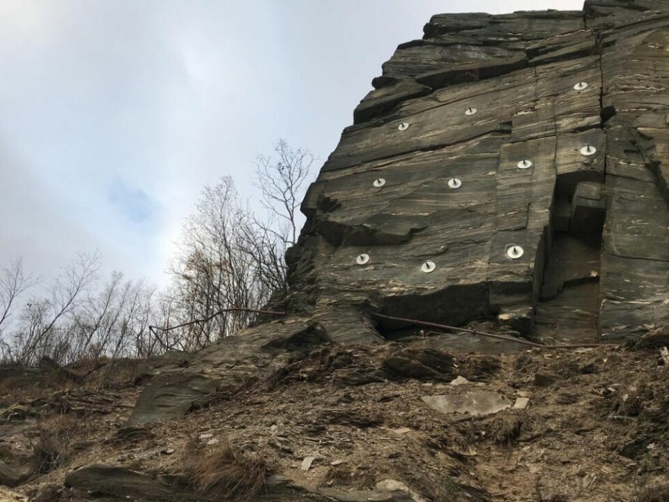 BOLTER. Geologen kunne konstatere at boltene som ble satt inn for ti år siden sitter godt. Nå er det satt inn mange flere i fjellveggen langs Bursiveien. BOLTER. Geologen kunne konstatere at boltene som ble satt inn for ti år siden sitter godt. Nå er det satt inn mange flere i fjellveggen langs Bursiveien. Foto: Linn Synnøve Normann Godtfredsen