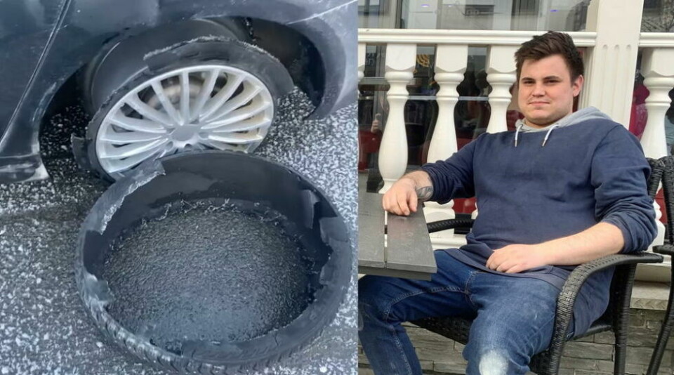 KUNNE GÅTT ILLE. I fart skilte felgen og dekket lag, etter at noen hadde skjært det opp på Thomas Torleifsens bil. KUNNE GÅTT ILLE. I fart skilte felgen og dekket lag, etter at noen hadde skjært det opp på Thomas Torleifsens bil. Foto: Privat