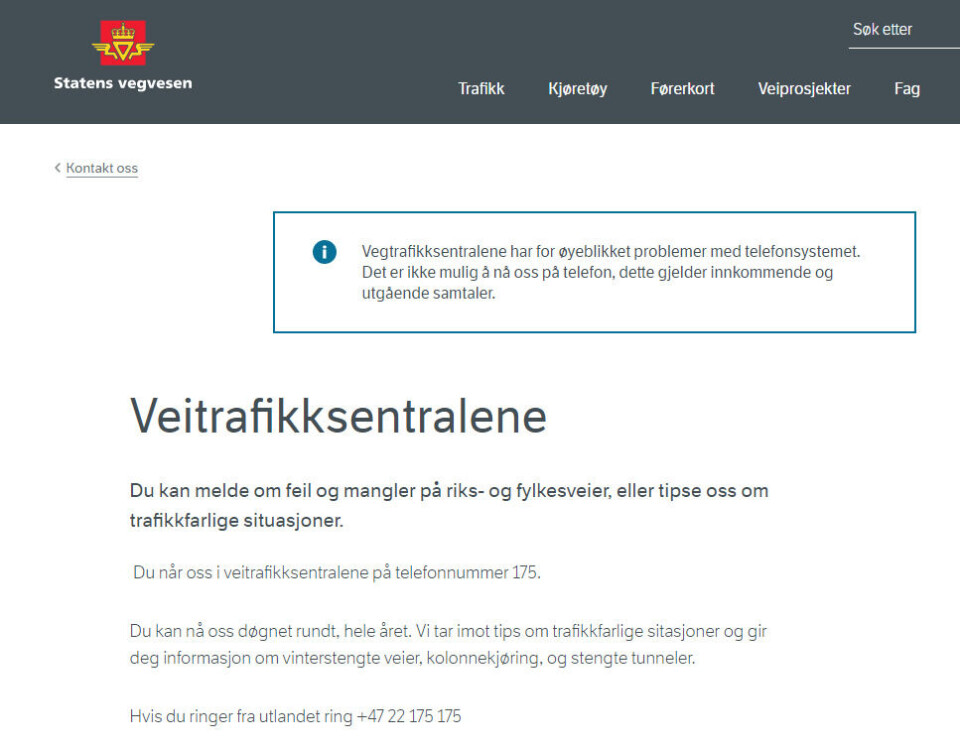 TRØBBEL. Vegtrafikksentralene opplever tekniske problemer med publikumstjenesten på telefon 175. Og jobber med å rette feilen. TRØBBEL. Vegtrafikksentralene opplever tekniske problemer med publikumstjenesten på telefon 175. Og jobber med å rette feilen. Foto: Skjermdump www.vegvesen.no