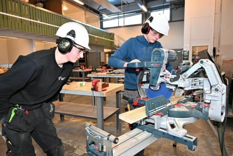 I AKSJON. Stian Moen Furnes tar jobben som observatør mens klassekamerat Elias Jakobsen går løs på materialet med motorisert sag. I AKSJON. Stian Moen Furnes tar jobben som observatør mens klassekamerat Elias Jakobsen går løs på materialet med motorisert sag. Foto: Kenneth Strømsvåg