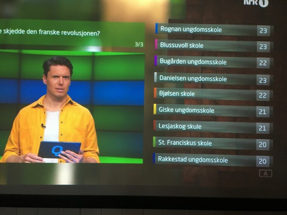 Poenggivingen i Klassequizen forvirret nok mange, mne det skal ha blitt riktig til slutt. Poenggivingen i Klassequizen forvirret nok mange, mne det skal ha blitt riktig til slutt. Foto: Skjermdump NRK