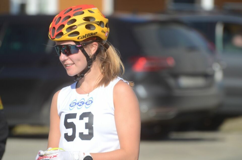 Kobberløpets rulleskirennMarie Risvoll Amundsen fornøyd etter målgang