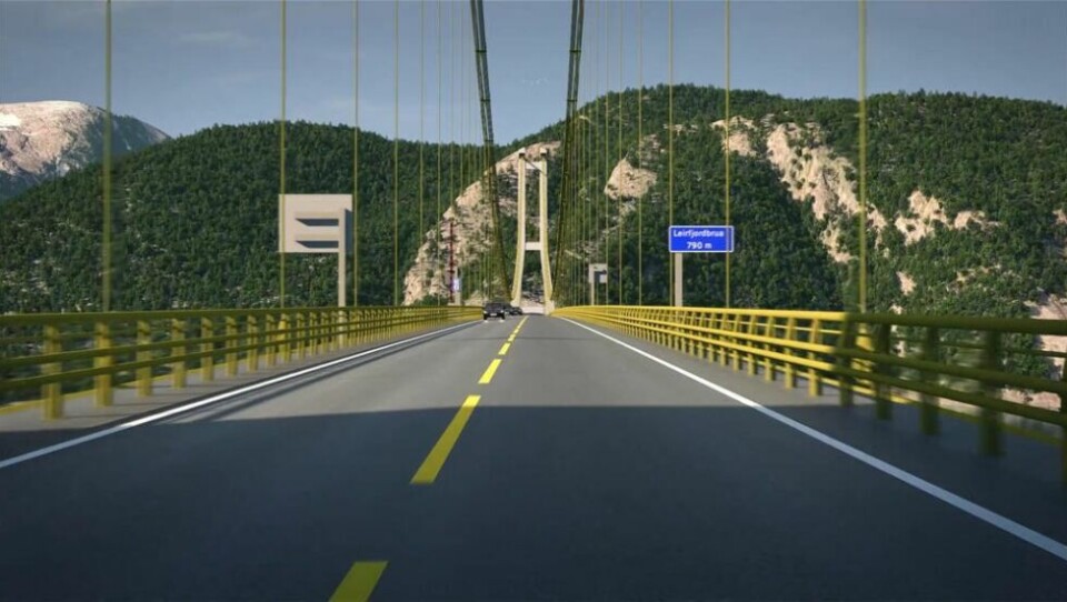 NY BRU. Et av de mest spektakulære tiltakene på ny E6 gjennom Sørfold, er den over 700 meter lange hengebrua over Leirfjorden. NY BRU. Et av de mest spektakulære tiltakene på ny E6 gjennom Sørfold, er den over 700 meter lange hengebrua over Leirfjorden. Foto: Statens Vegvesen