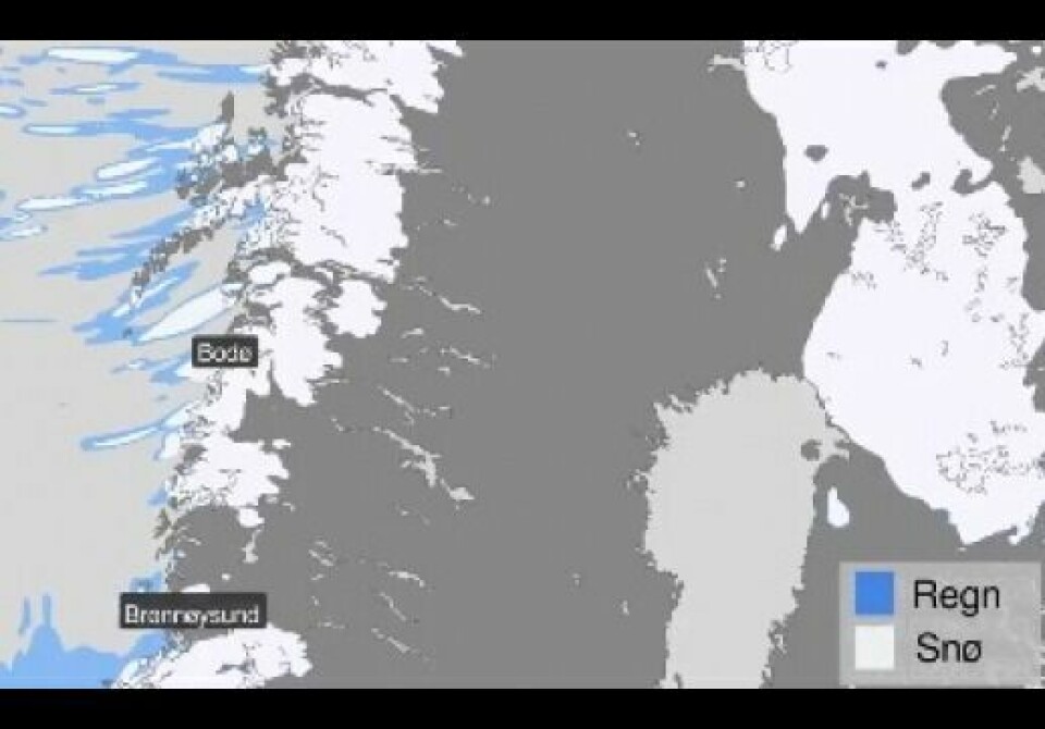 Nå kommer nedbøren. Mye av det som snø, men enkelte steder kan få sludd eller regn. Nå kommer nedbøren. Mye av det som snø, men enkelte steder kan få sludd eller regn. Foto: Meteorologene på twitter
