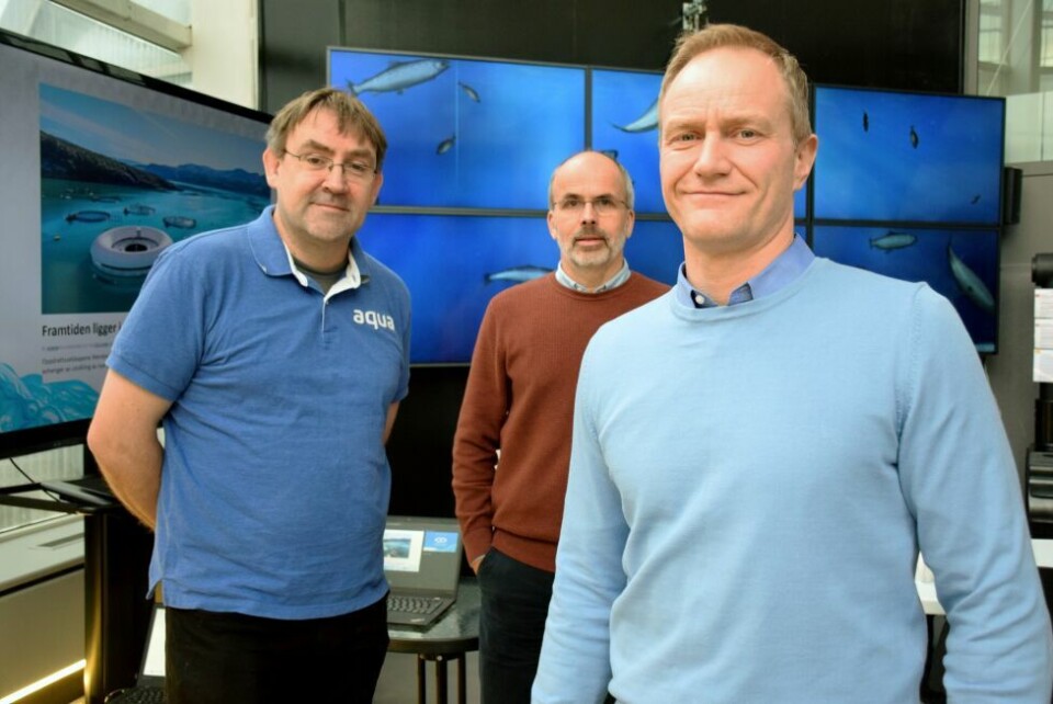 SAMARBEIDSPARTNERE. Disse tre har samarbeidet om det nye prosjektet innen oppdrettsnæringa. Fra venstre Kjetil Korsnes i BioVivo, Idar Lindanger i Ocean Tech og Geir Wenberg fra Wenberg Fiskeoppdrett. SAMARBEIDSPARTNERE. Disse tre har samarbeidet om det nye prosjektet innen oppdrettsnæringa. Fra venstre Kjetil Korsnes i BioVivo, Idar Lindanger i Ocean Tech og Geir Wenberg fra Wenberg Fiskeoppdrett. Foto: Frida Kalbakk