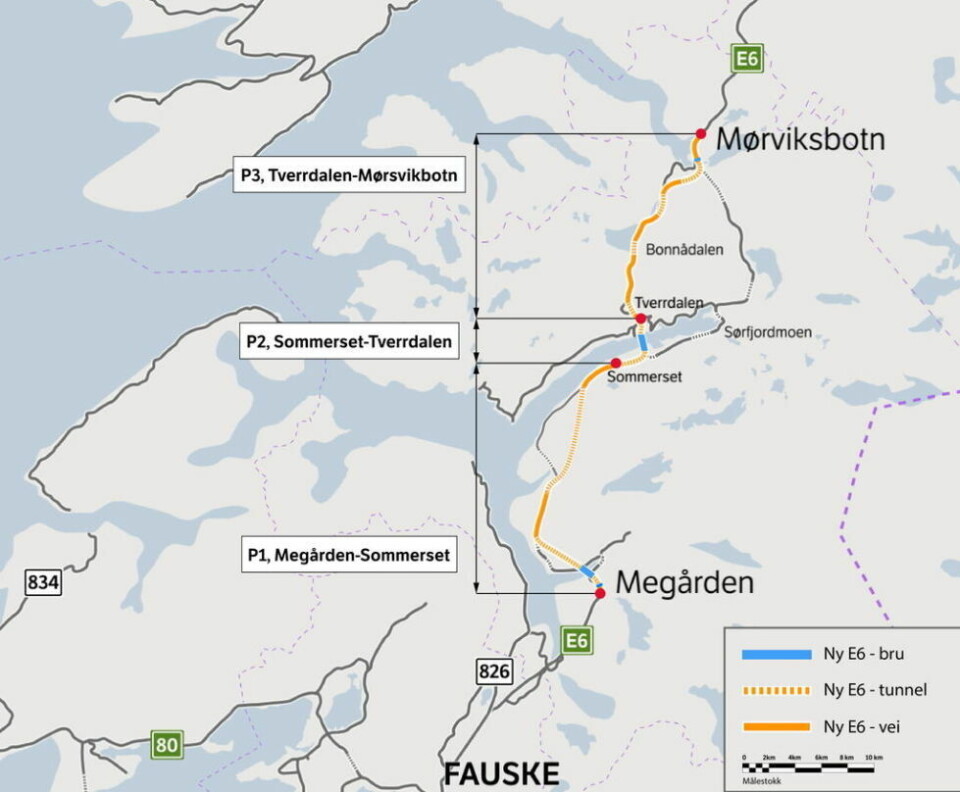 E6 I SØRFOLD. Bildet viser et kart over utbyggingsprosjektet E6 Megården-Mørsvikbotn og de tre byggetrinnene i prosjektet. Det er anbudskonkurransen for første byggetrinn, E6 Megården-Sommerset, som nå er utlyst.Kartet viser utbyggingsprosjektet E6 Megården-Mørsvikbotn E6 I SØRFOLD. Bildet viser et kart over utbyggingsprosjektet E6 Megården-Mørsvikbotn og de tre byggetrinnene i prosjektet. Det er anbudskonkurransen for første byggetrinn, E6 Megården-Sommerset, som nå er utlyst.Kartet viser utbyggingsprosjektet E6 Megården-Mørsvikbotn Foto: Statens vegvesen
