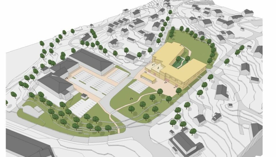 SKISSE. Slik kan et nytt helsehus på Straumen bli seende ut med bygg og uteområder. Det må i så fall til en omregulering av tomta.