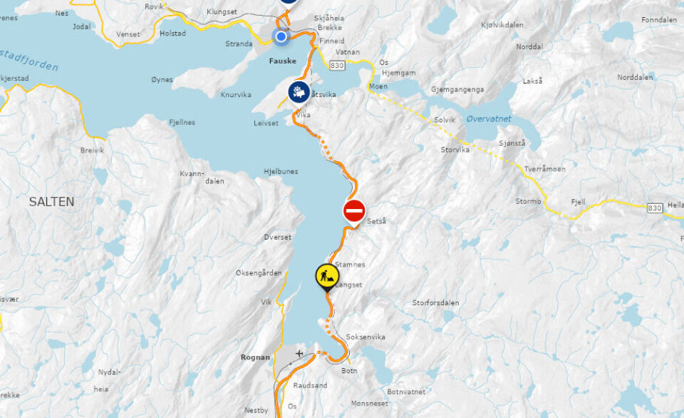 E6 er stengt ved Setså mellom Fauske og Rognan.